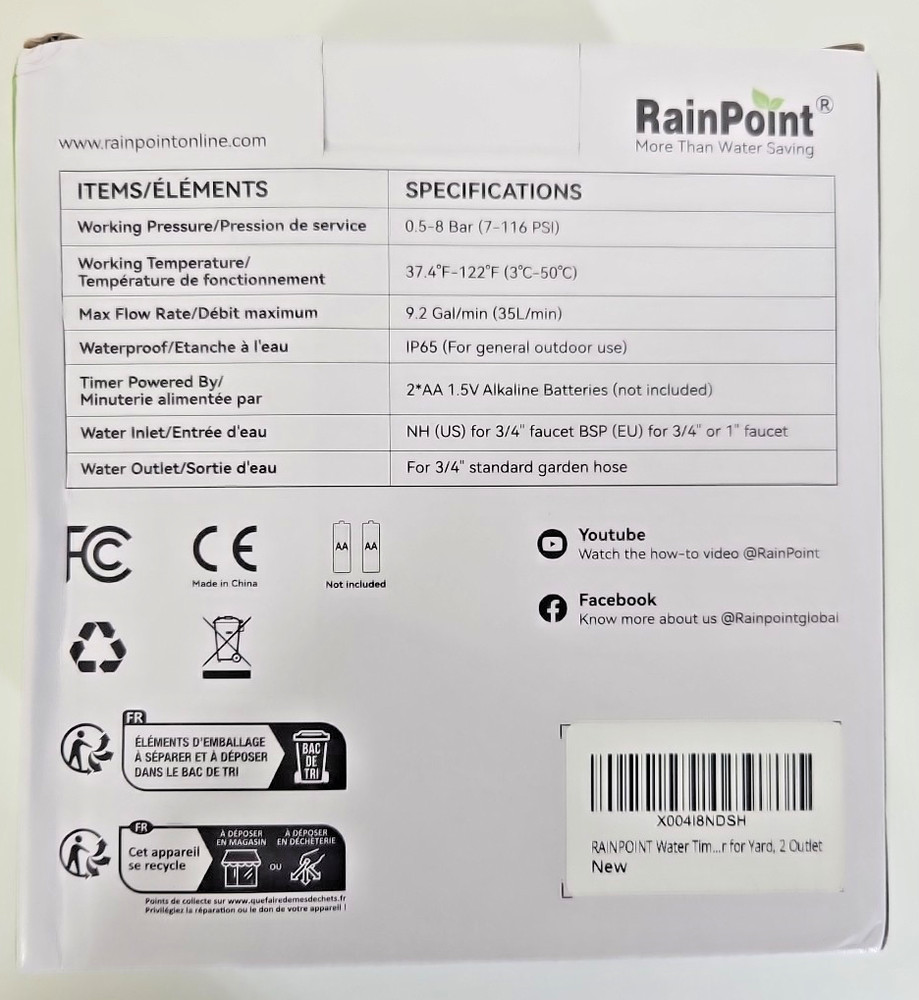 New RainPoint Programmable 2 Zone Water Timer - Model Number ITV205