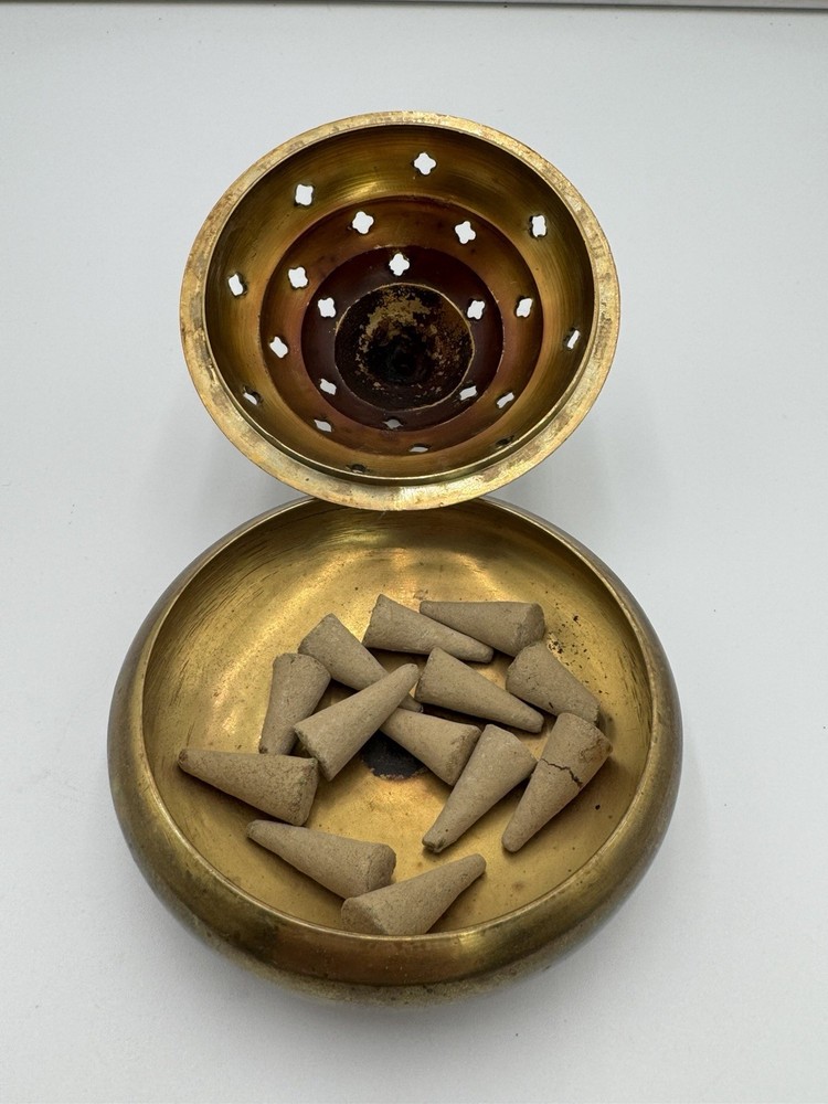 Vintage Solid Brass Incense Burner Censer Cone Holder With Lid