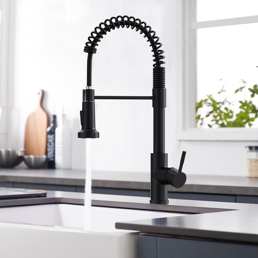 Black Kitchen Faucet with Pull Down Sprayer Single Hole Spring Kitchen Sink F...
