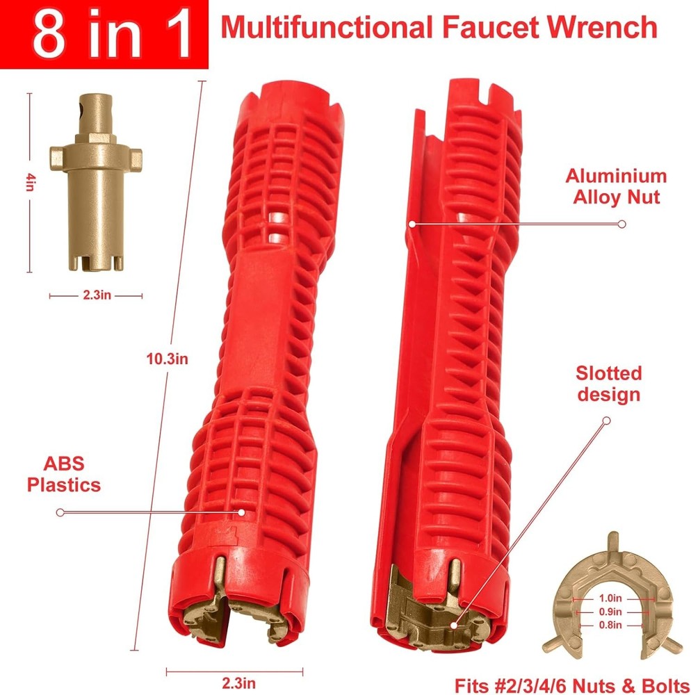 Multi-purpose Wrench Plumber Tool - Red, 8-in-1