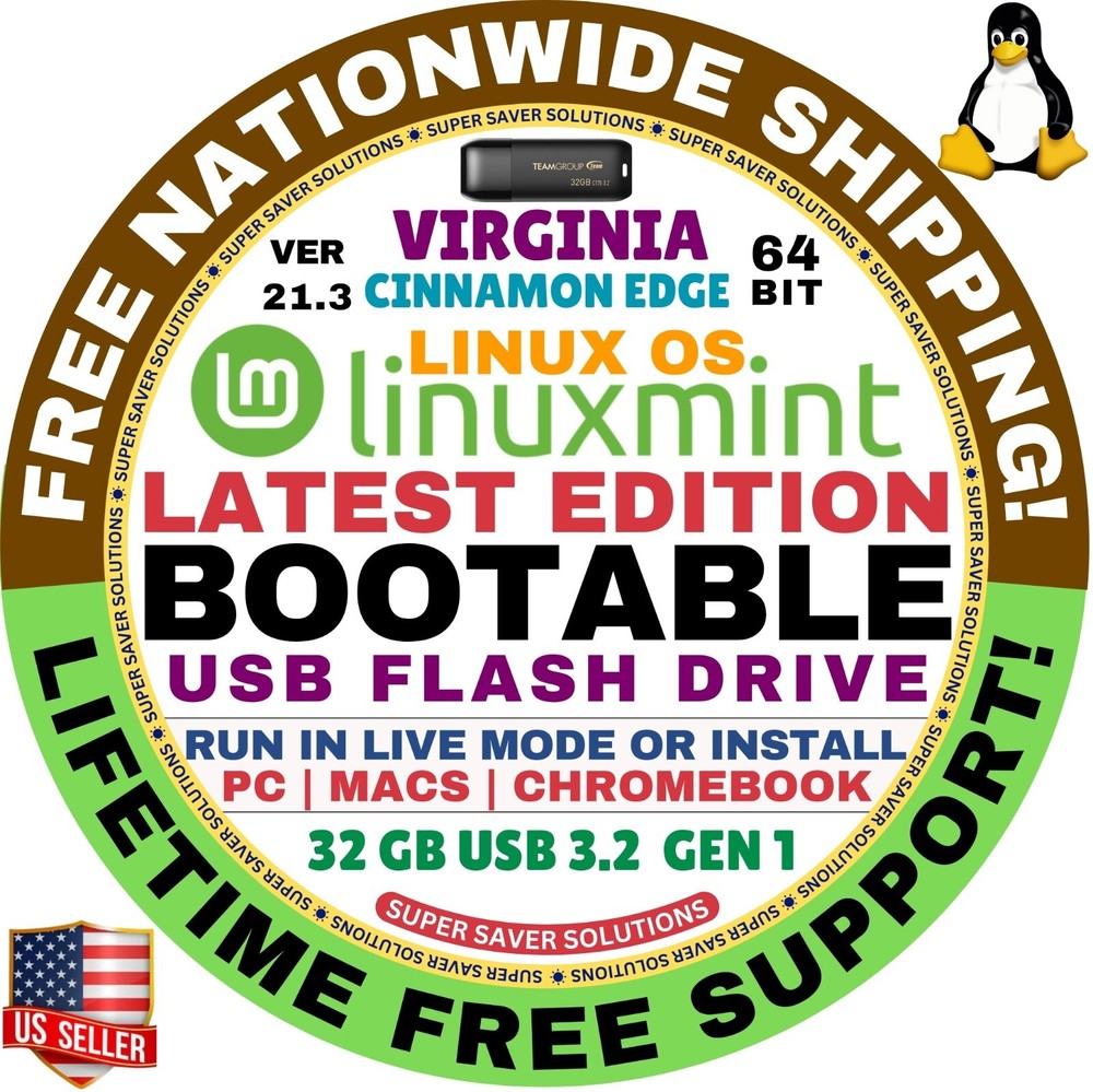 Linux MINT 21.3 USB VIRGINIA Cinnamon Edge 64-Bit Live Boot, Install for MAC, PC