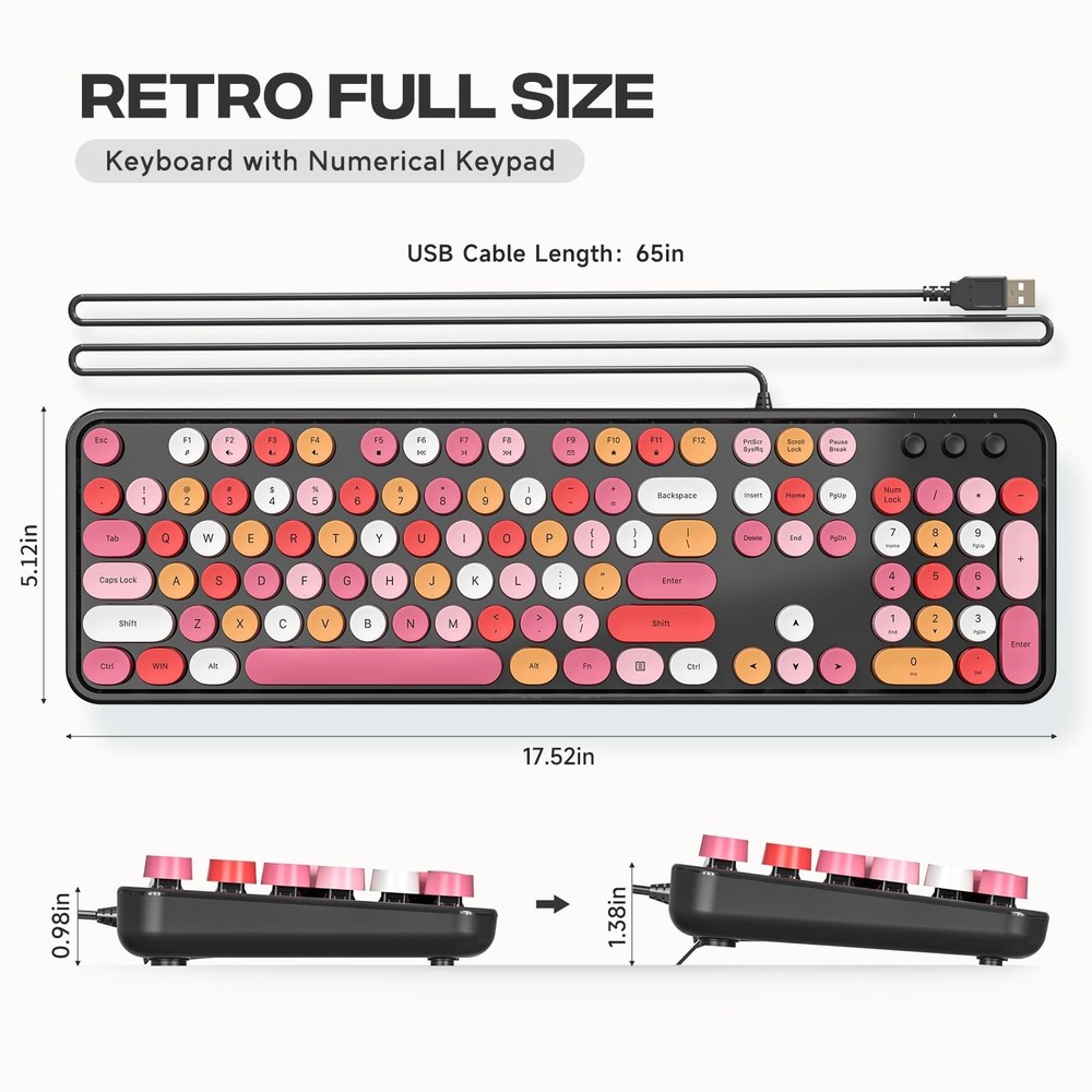 Computer Keyboard Wired, Plug and Play USB Retro Round Typewriter Keyboard, F...