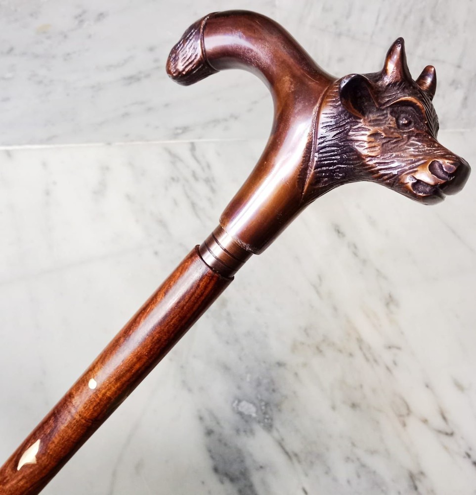 Walking Stick Wolf Brass Handle Wooden Stick