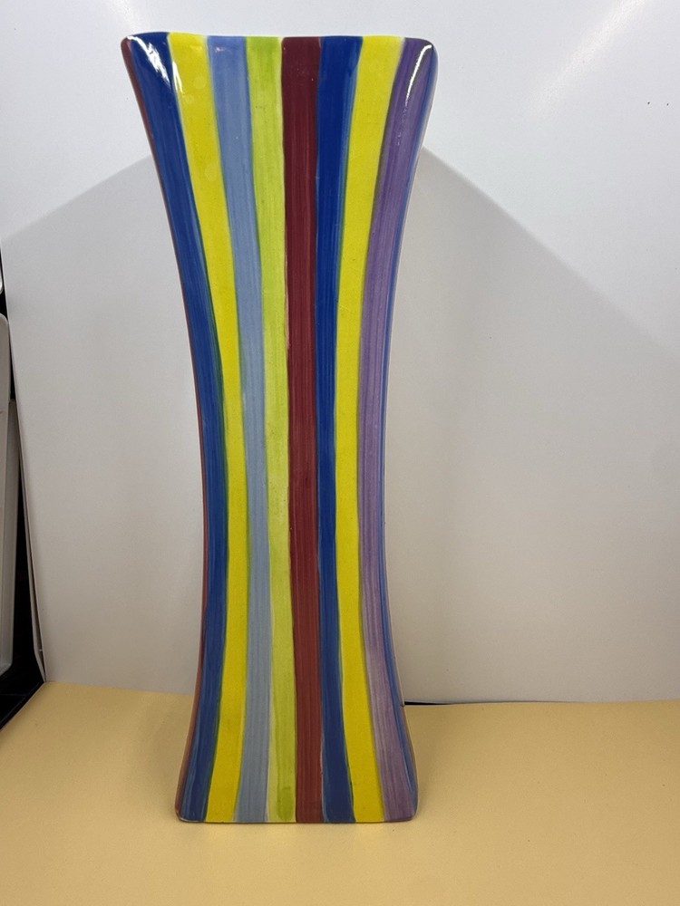 Pacific Rim Handpainted Colorful Striped Ceramic Tall Flared Rectangular Vase
