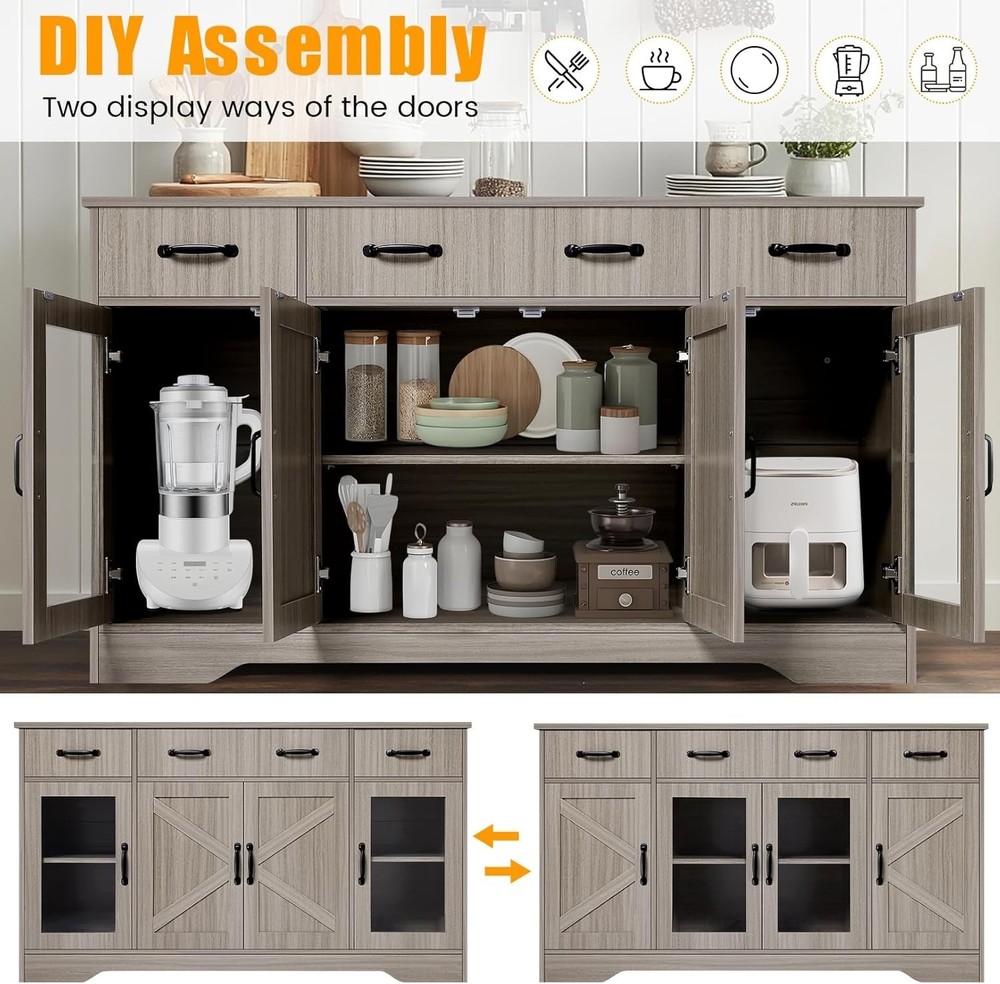 Sideboard Buffet Cabinet with Storage, 55" Large Kitchen Buffet Table with Glass