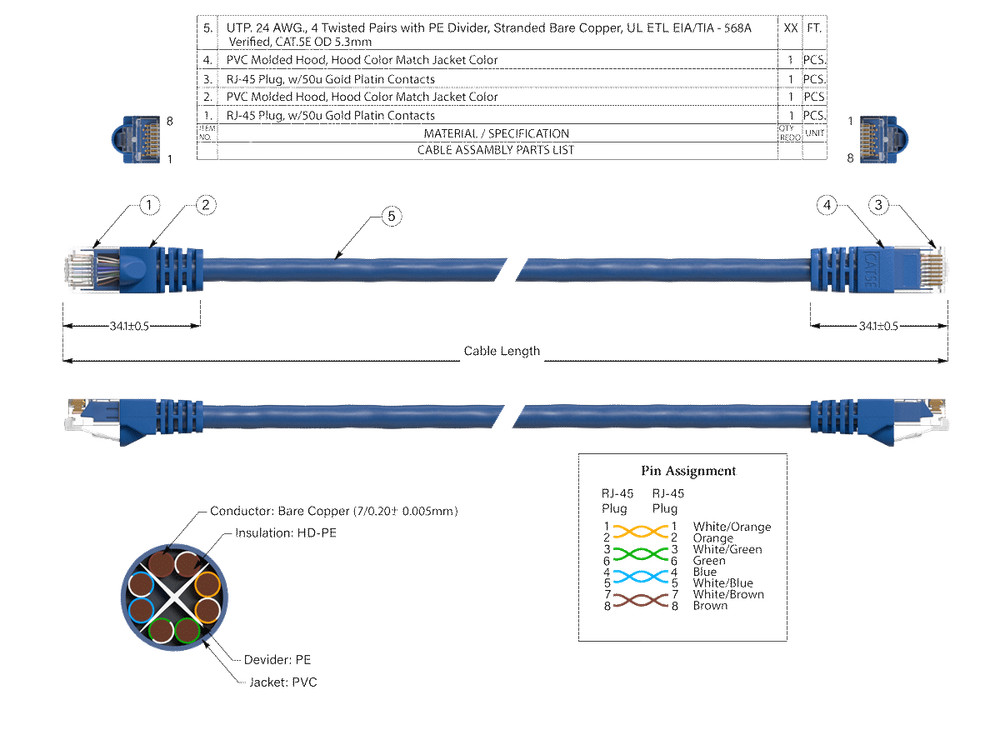 35ft Cat5e UTP Ethernet Network Patch Cable Snagless 24AWG Bare Copper, Blue