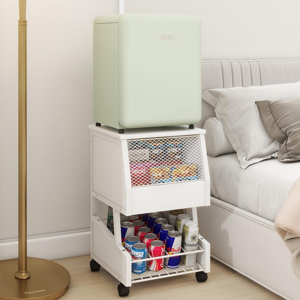 Compact Refrigerator Stand with Beverage Storage and Wheels Rolling Personal ...