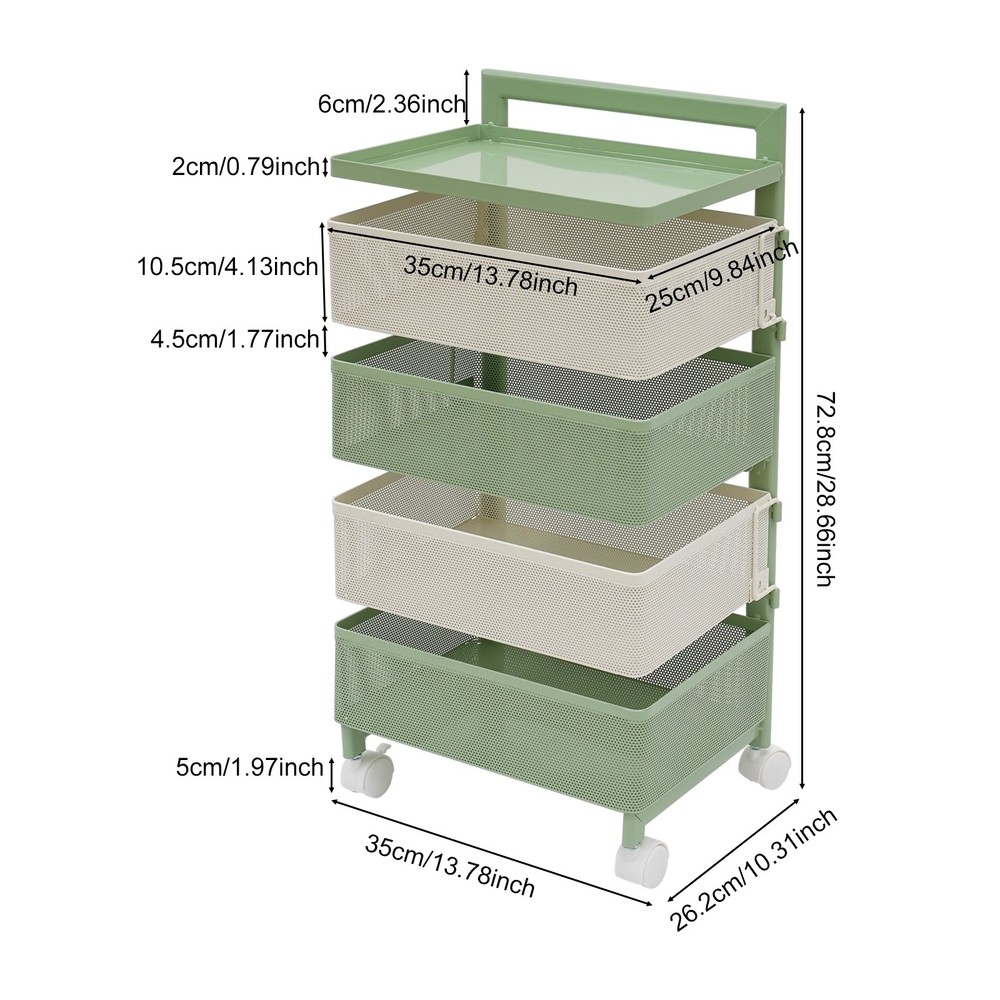 Rotating Storage Rack with Wheels, 4 Baskets, Green Modern Design