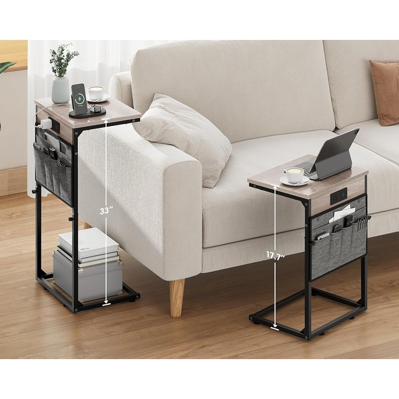 Height Adjustable C Shaped Side Table W/ USB Charging Station Storage Bag Couch