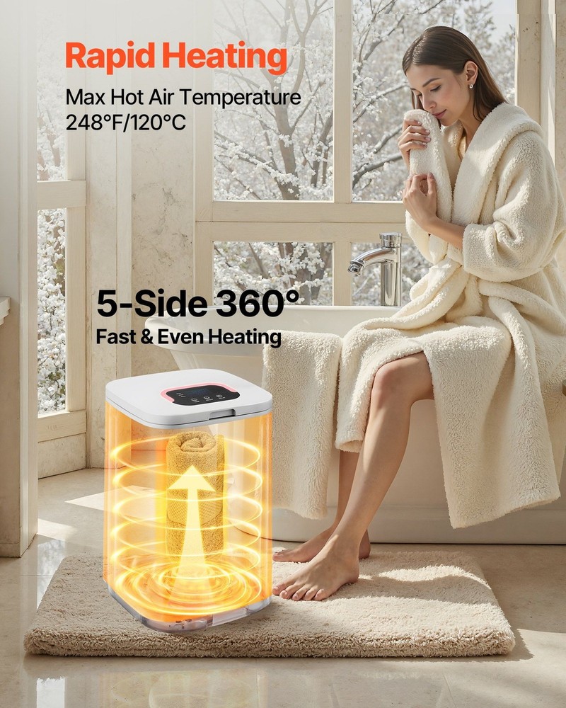 20L Heated Towel Warmer with LED Timer & Temp Control, 4 Hooks, White
