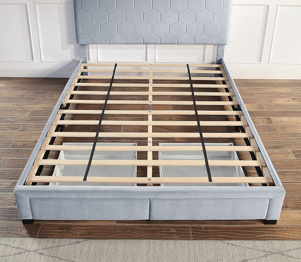 Stylish Light Gray Queen Bed with 2 Drawers - No Box Spring Required