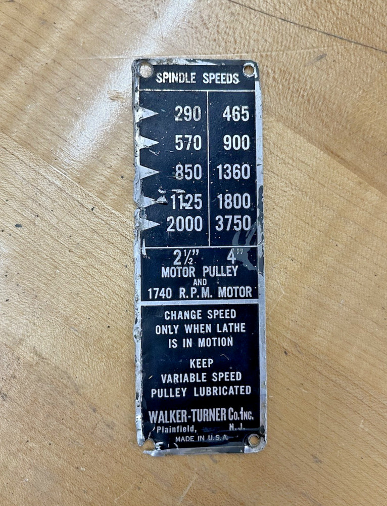 Walker Turner L1152 Wood Lathe Variable Speed Indicator Tag