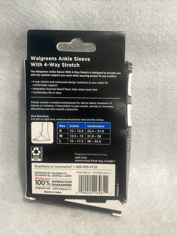 Walgreens Ankle Sleeve 4 WAY STRETCH Moderate Support SMALL CHARCOAL TECH