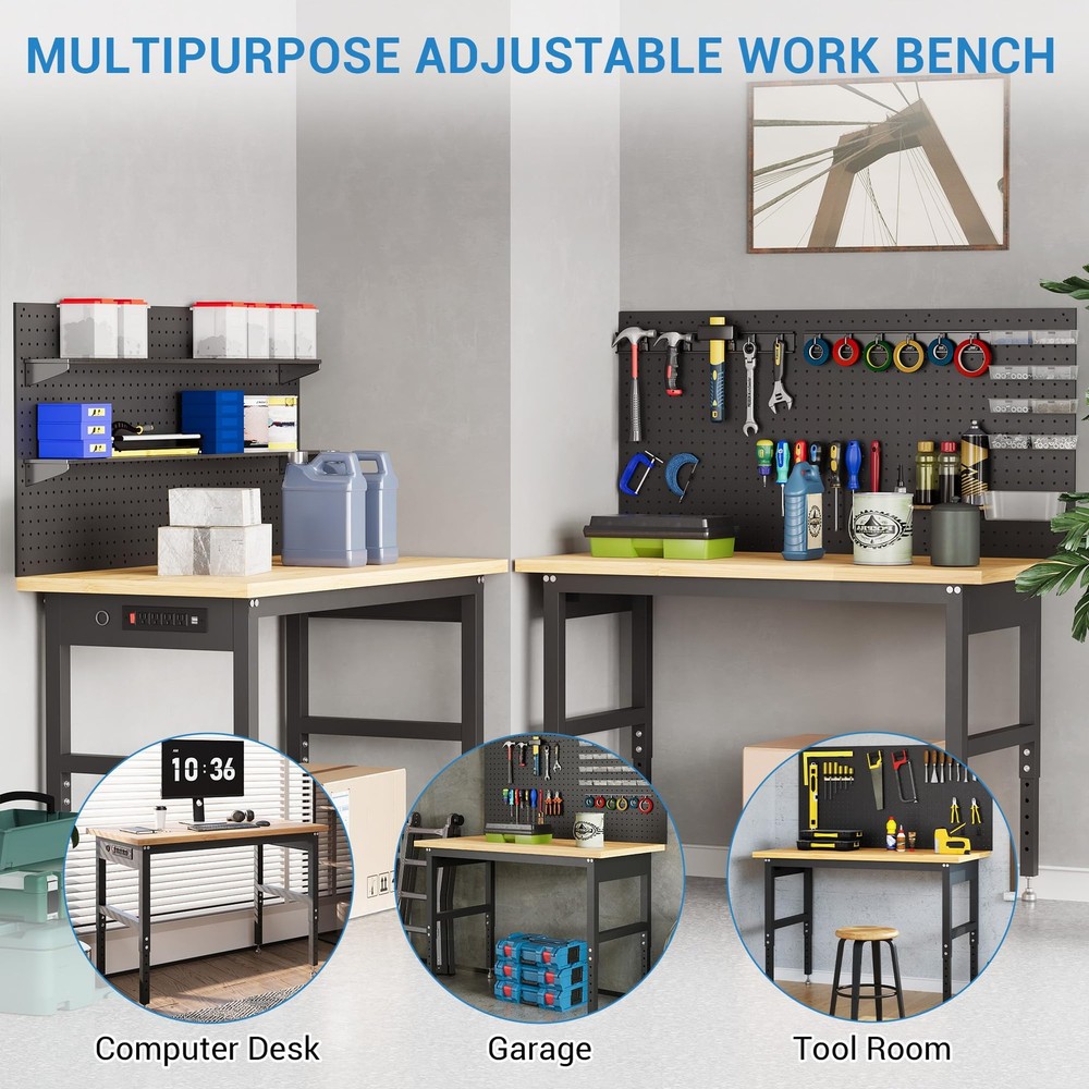 48" Workbench with Pegboard Wall,2000lbs Garage Table, 28-40" Adjustable Height