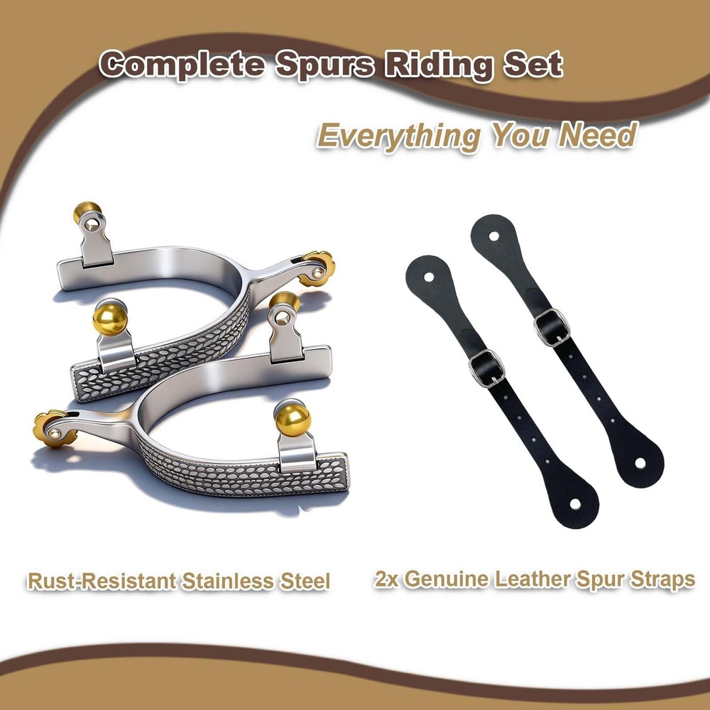 Professional Horse Spurs with Roller & Wheat Engraving, Includes 2 Leather St...