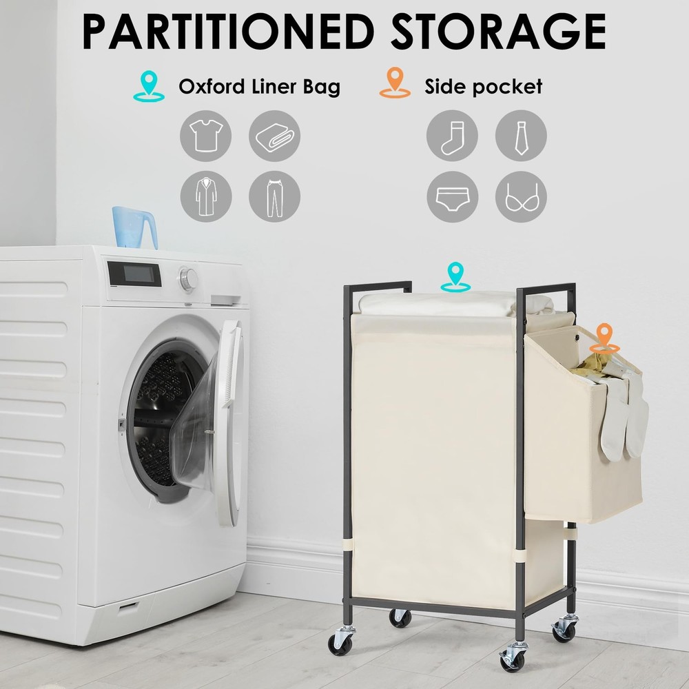 Laundry Hamper with Rustic Brown Lid & Wheels; 96L Large Rolling Laundry Bask...