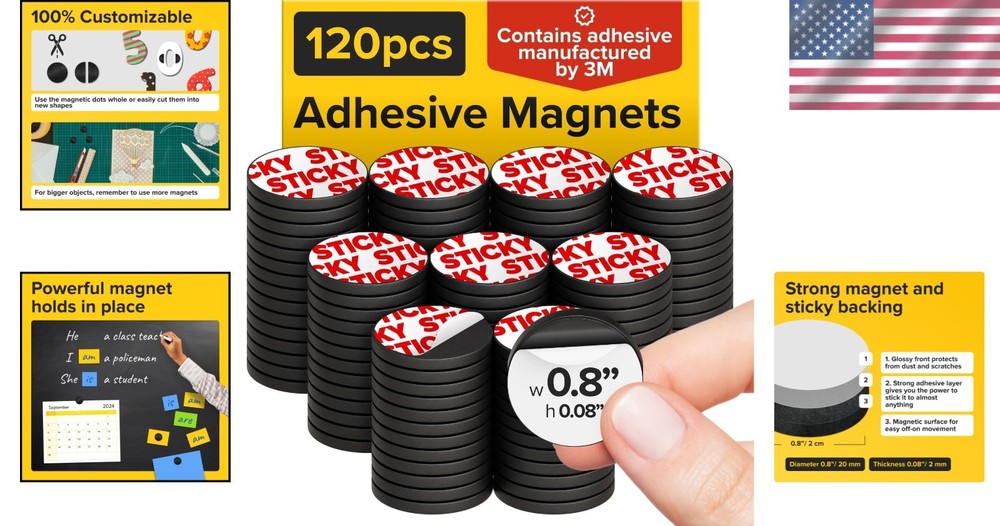 Strong Pull 90g Adhesive Magnets - 120 Magnetic Dots for Crafting & Organization