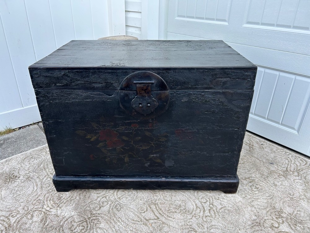 Antique Asian Distressed Black Dovetail Trunk