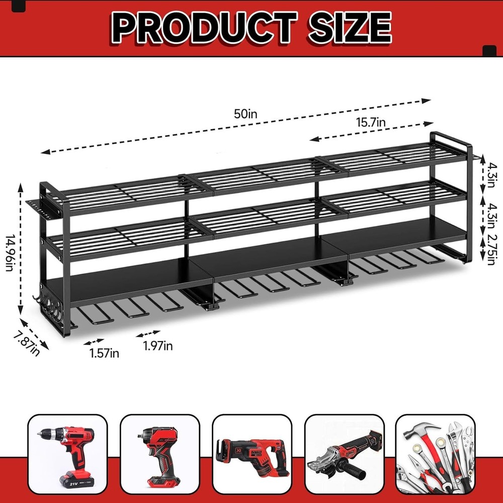 Heavy Duty Power Tool Organizer Drill 50" 4-Layer Holder Wall Mount Storage Rack