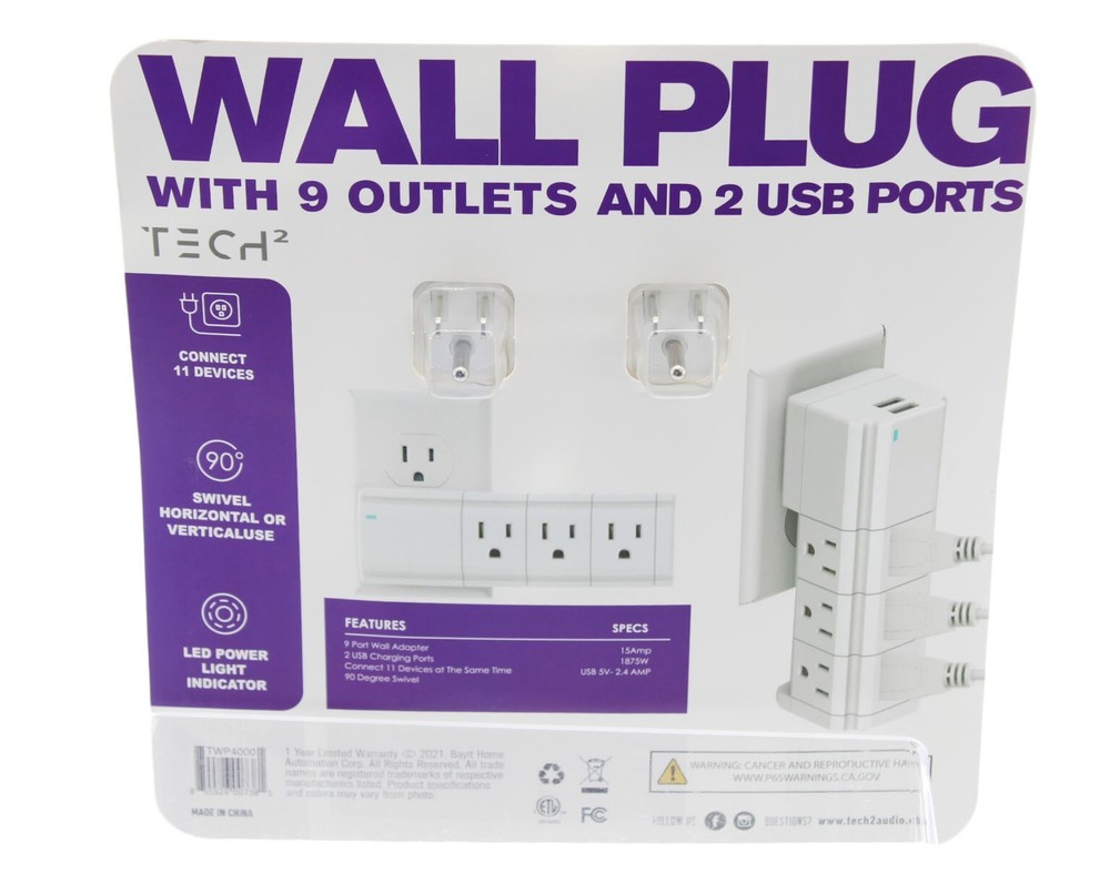 Tech 2 Wall Plug With 9 Outlets & 2 USB Ports