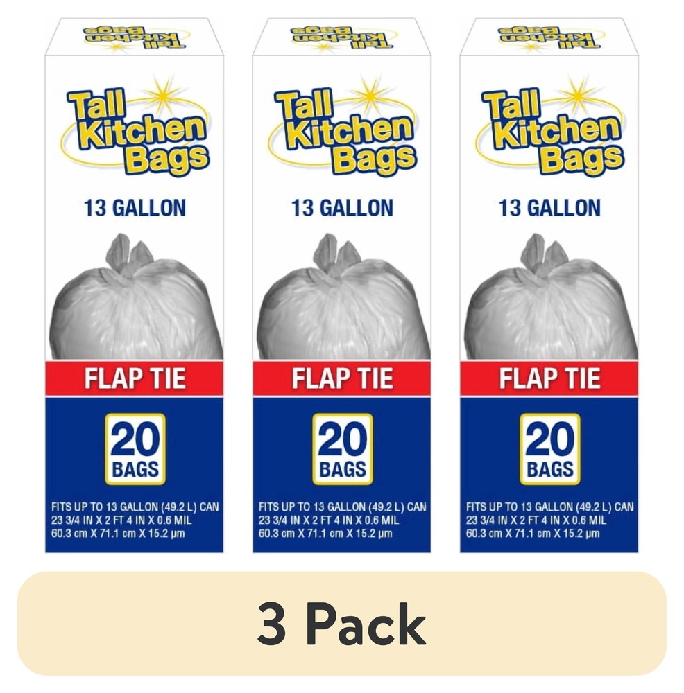 (3 Pack) Basic Kitchen Trash Bags, 13 Gallon, 20 Bags (Flap Tie)