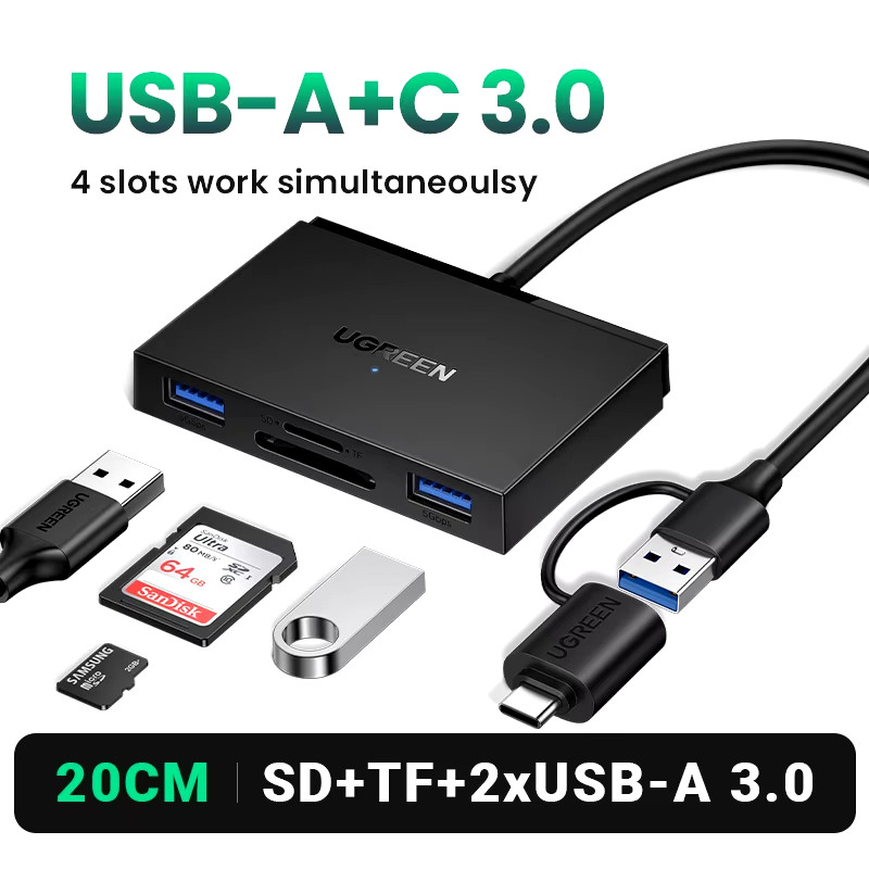 Card Reader 4-In-1 USB3.0/USB-C SD Micro SD TF CF MS Compact Flash Card Adapter