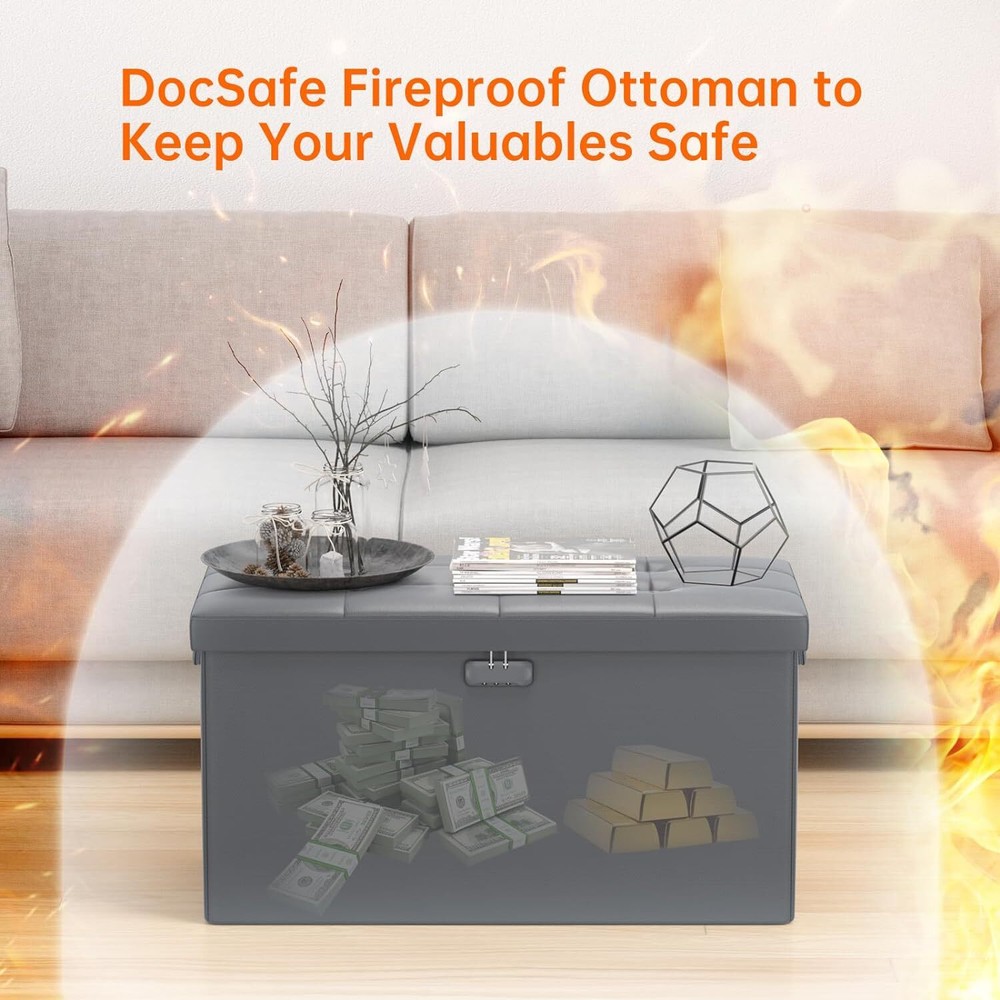 DocSafe Storage Ottoman Bench with Lock,Fireproof 30 x 15 x 15 inches, Grey