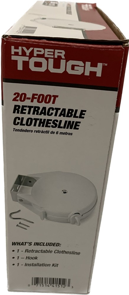Hyper Tough Retractable Clothesline, 20 Ft, White, Indoor/Outdoor Mountable