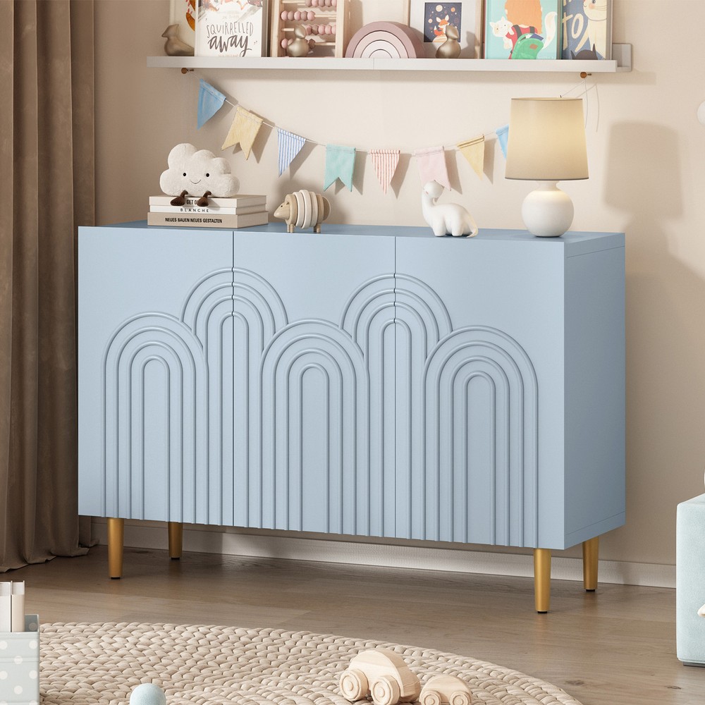 Wood Accent Storage Cabinet with Storage and 3 Doors 47" with Relief Patterned
