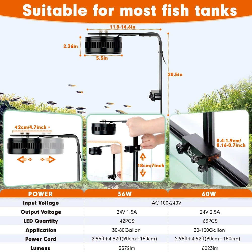Aquarium Clip-On Stream Light with Controller, LED Fish Tank Light with 3 Mod...