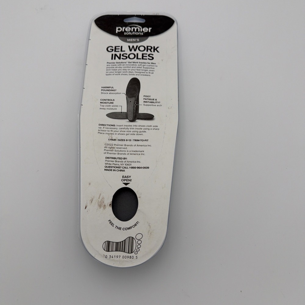 Gel Work Insoles Size 8-13 Premier Solutions Men