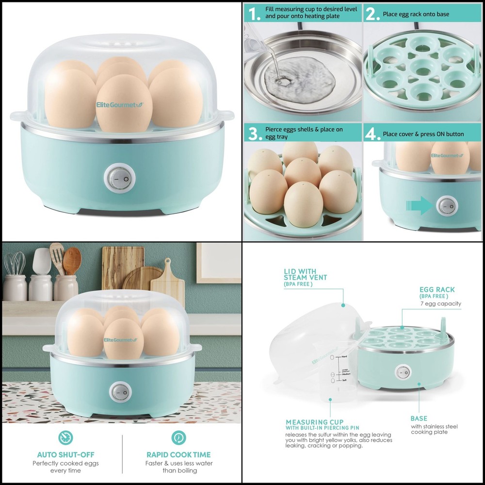 Electric Egg Cooker 7 Egg Capacity Soft Medium Hard Boiled Auto Shut Off