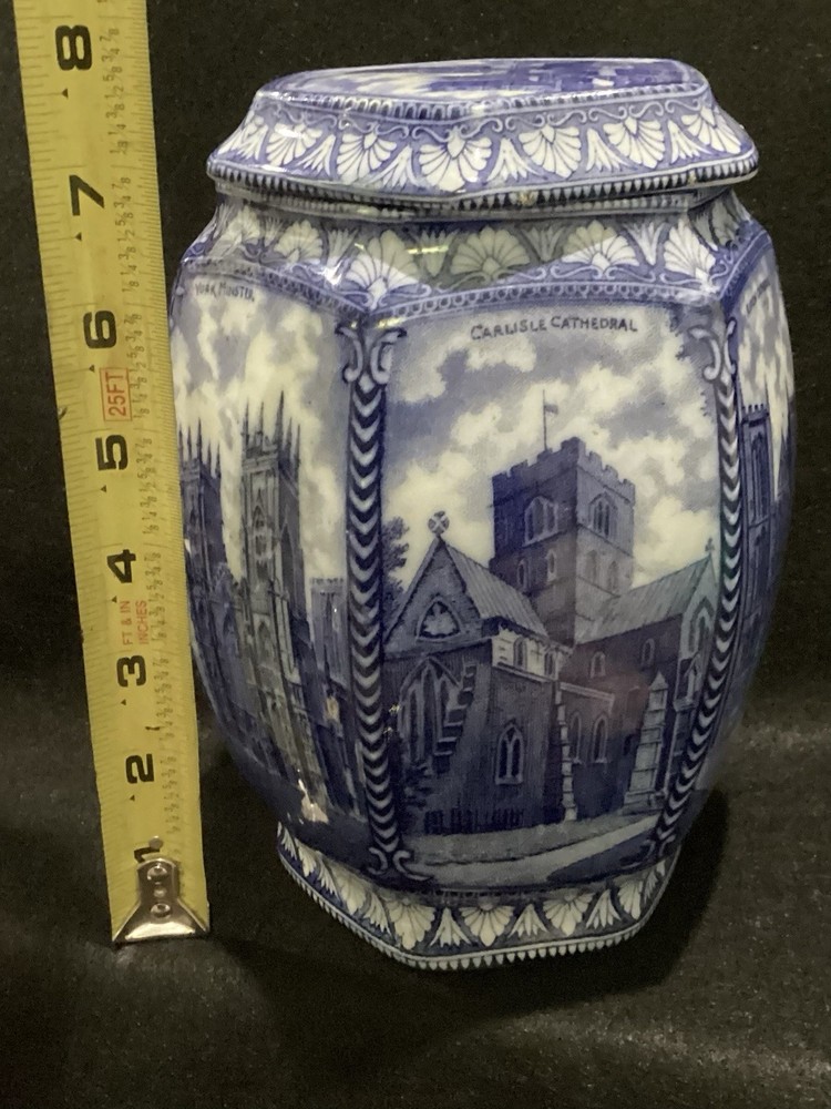Rington's Maling Ware Tea Caddy England - Cathedrals 1929 Blue Transfer Ware @FS