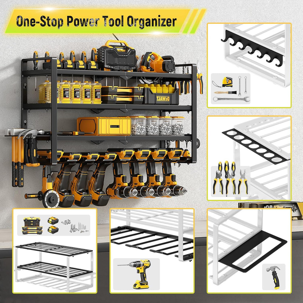 Heavy Duty 4-Layer Power Tool Organizer Wall Mount with 8 Drill Holders