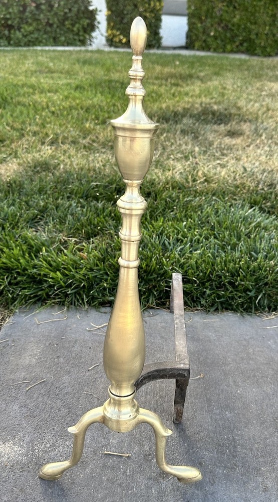 Vintage Solid Brass Andirons Pair 21” Colonial Fireplace Tool Polished