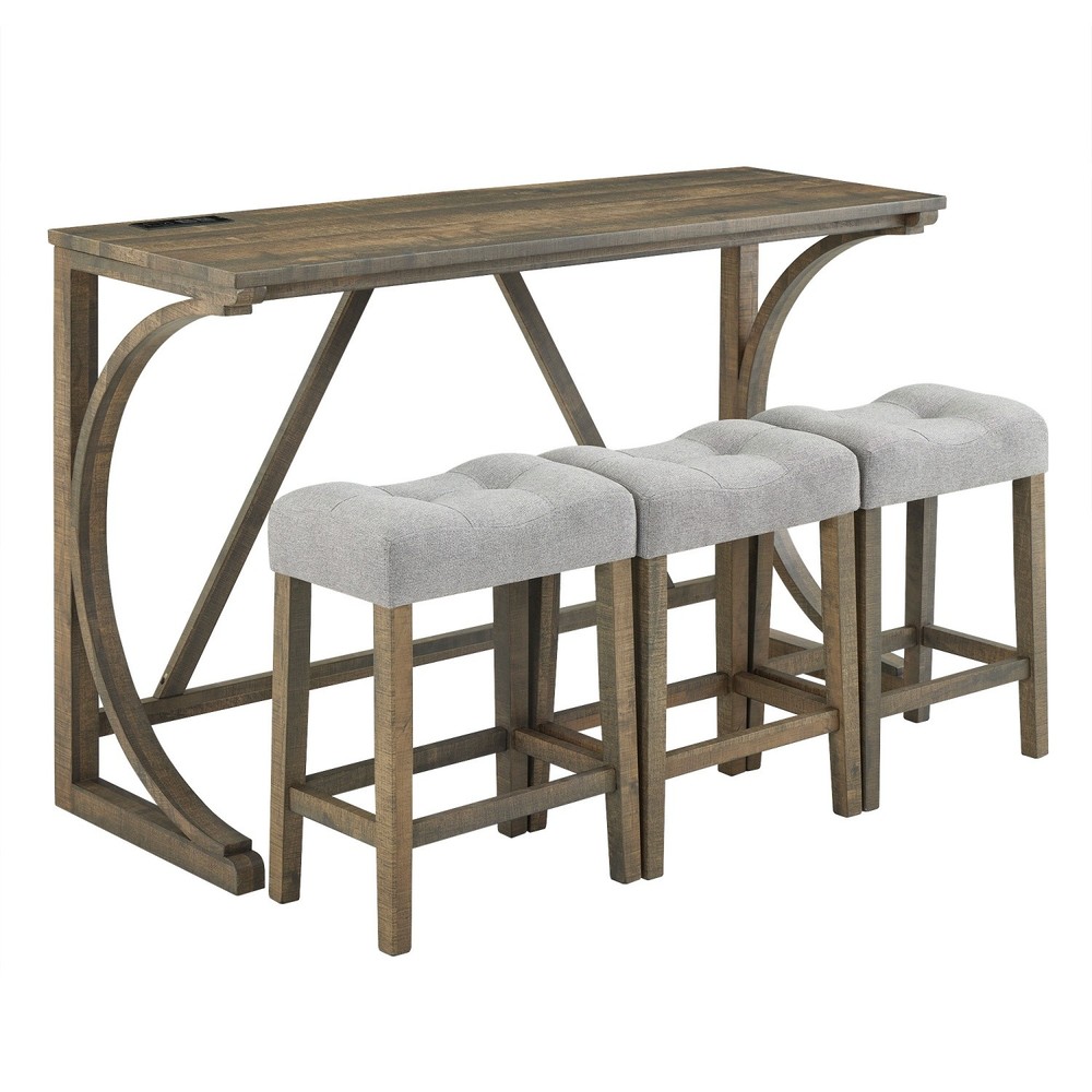 Modern 4 Piece Bar Table Set w/ 3 Saddle Bar Stools & USB Ports for Small Space