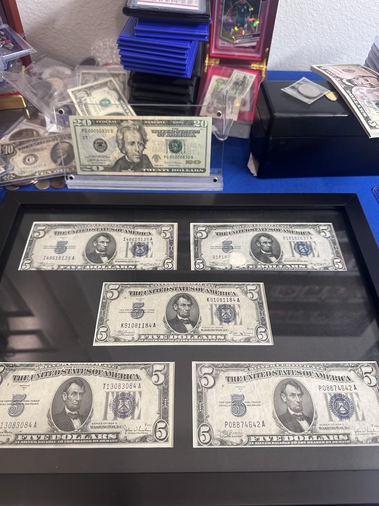 1934 Set $5 BLUE SEAL SILVER CERTIFICATE With Frame !
