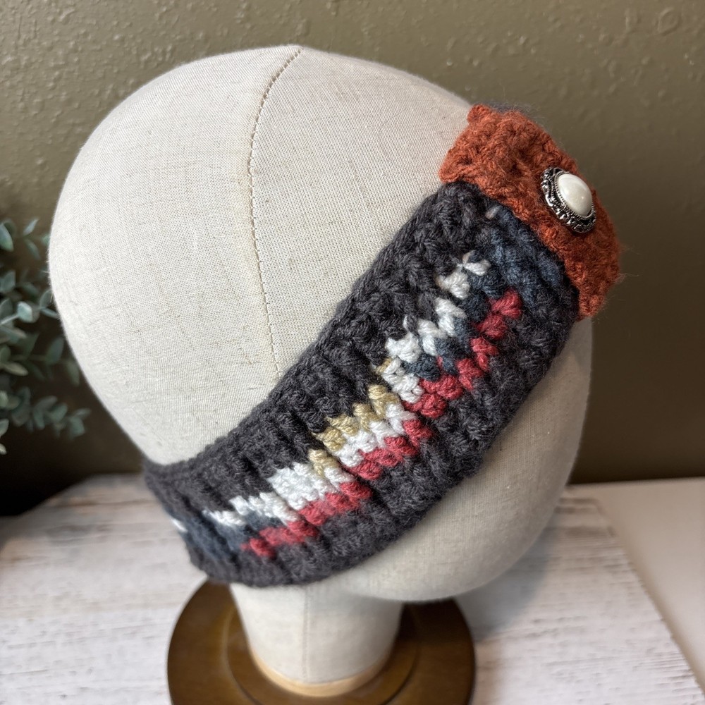 Knitted Handmade Crochet Headband W/button Boho Gray, Rust Multi Colored