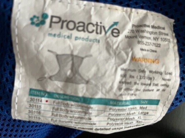 Proactive Polyester Mesh Full Body Patient Lift Sling Size Medium Model: 30114