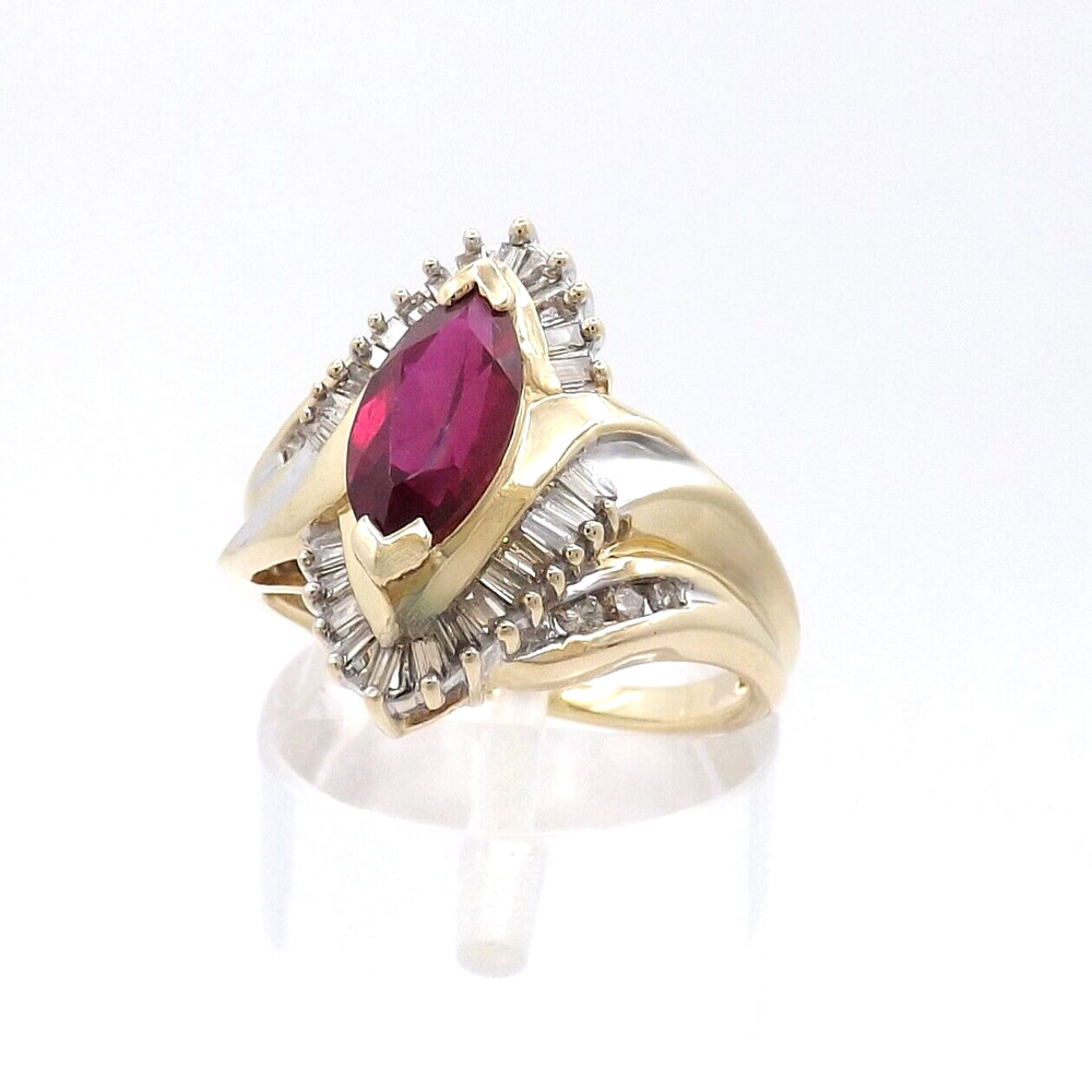 14k Gold Lab Created Marquise Ruby Natural Diamond Ring Navette Setting