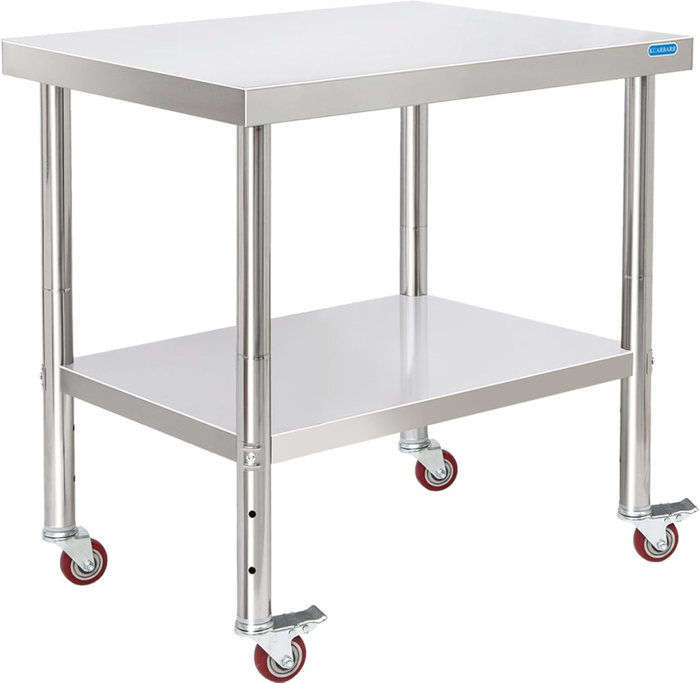 Stainless Steel Table for Prep & Work with 4 Caster Wheels with Adjustable Under