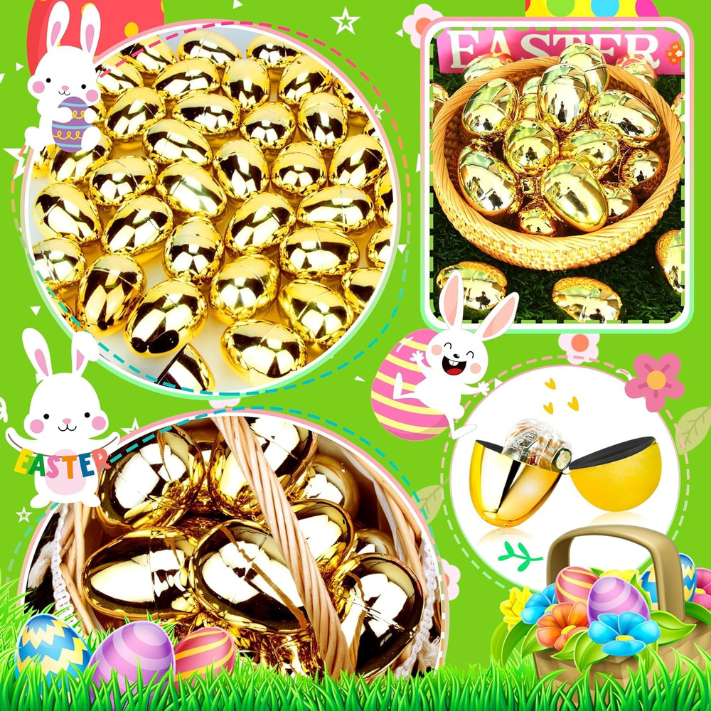 18Pcs Easter Eggs Bulk 2.3" Fillable Shiny Golden Metallic Plastic Easter Eggs