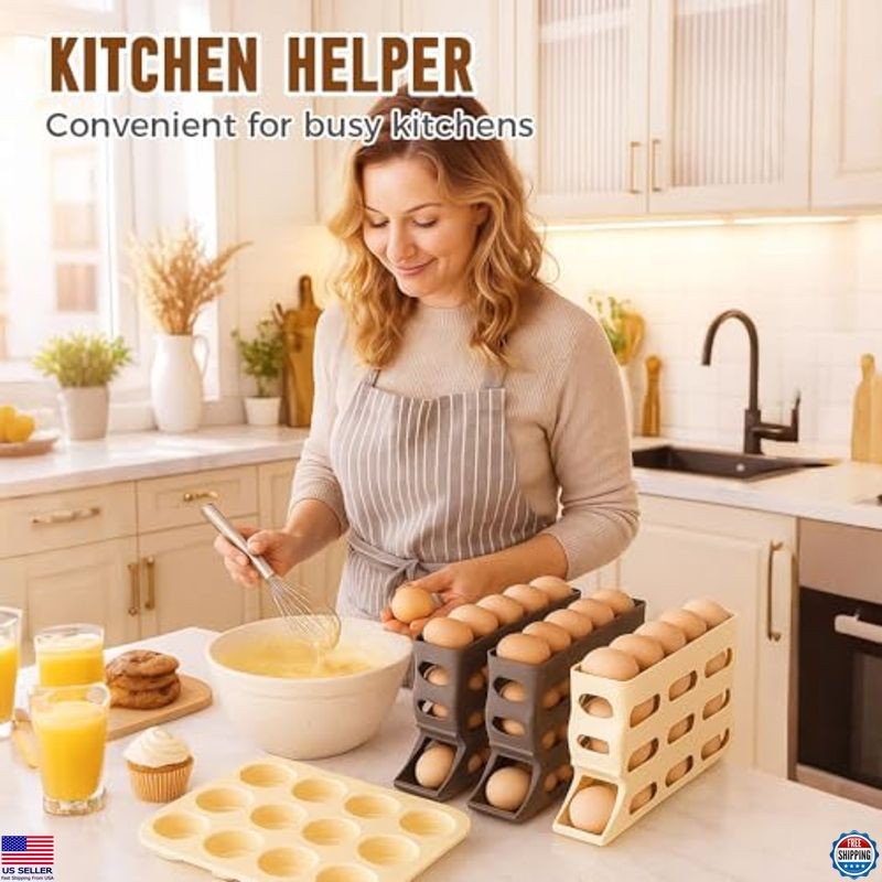 4-Tier Automatic Rolling Egg Holder - White Organizer for 30 Eggs - Kitchen