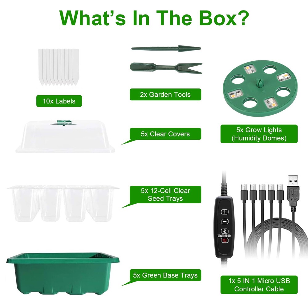 5 Pack Seed Starter Kit with Light, Seedling Starter Trays w/ Timing Controller