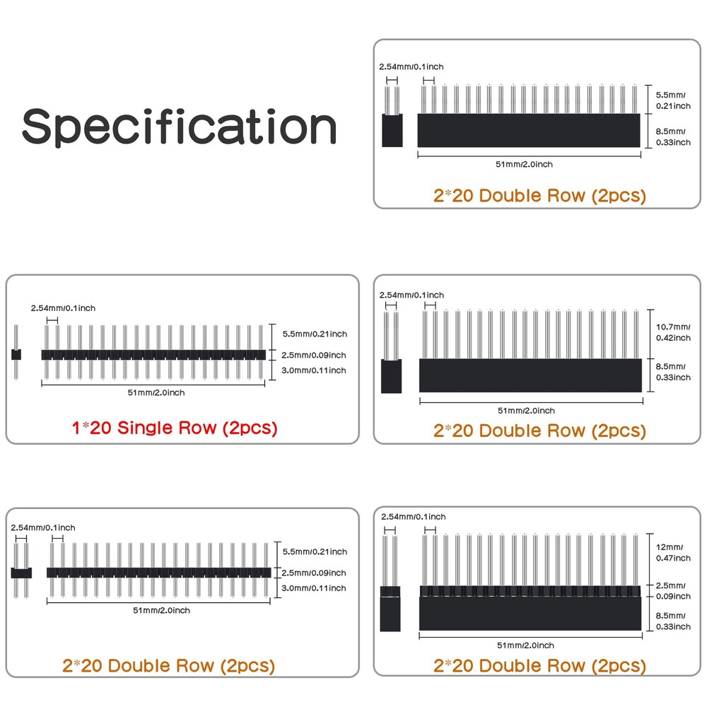 40 Pin Stacking Female Header Kit for Raspberry Pi GPIO Extensions – 2x20 Pack
