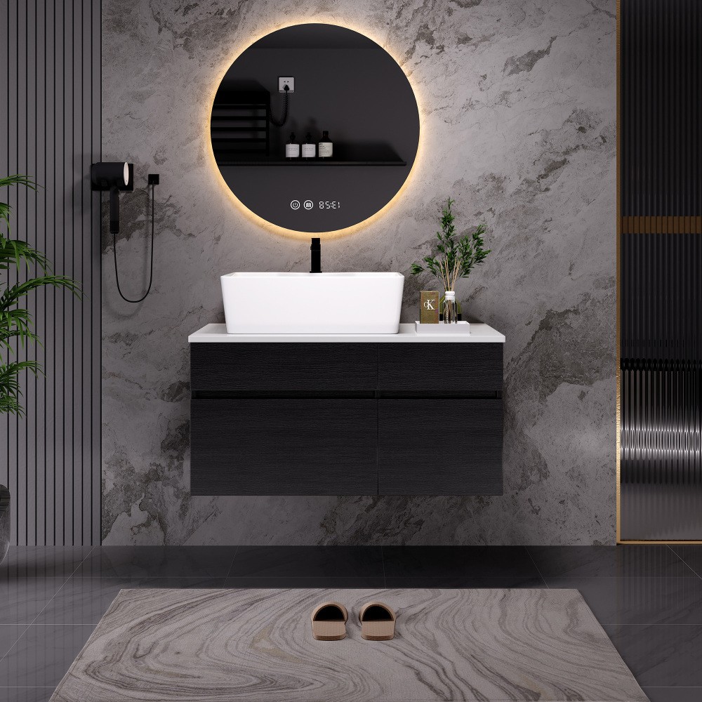 Modern Small Floating Single Bathroom Vanity with Ceramic Sink & Drawer,Black