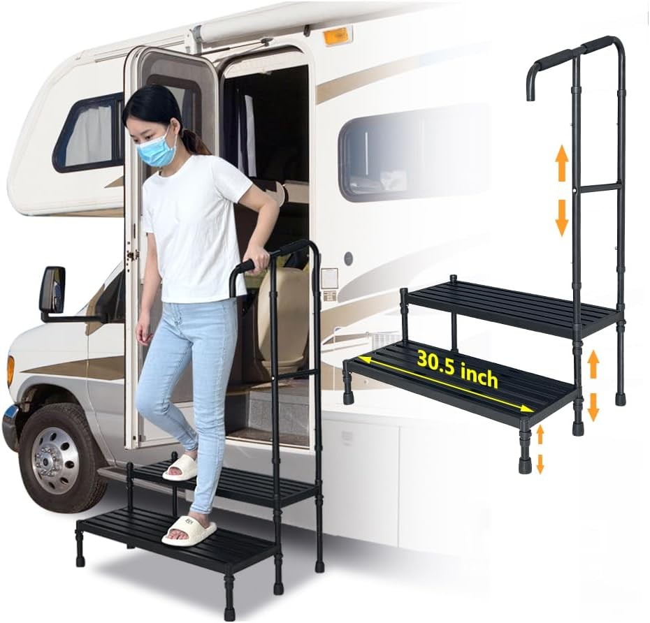 RV Steps Mobile Home Handrail 2 Step Stool Handle for Elderly 5th Wheel 30.5"