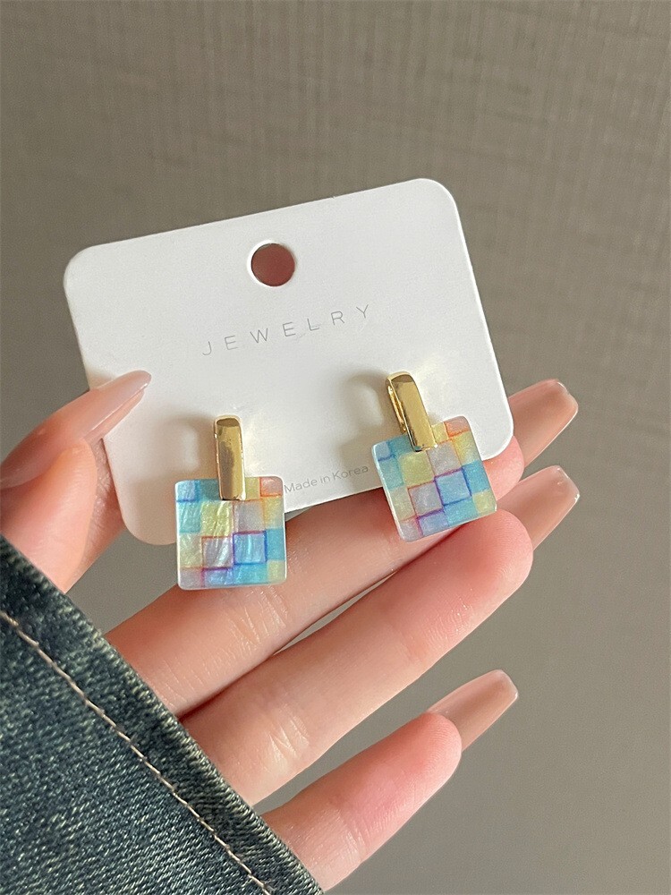 Square Multicolored Pendant Necklace Earring Set Multicolored Gold based