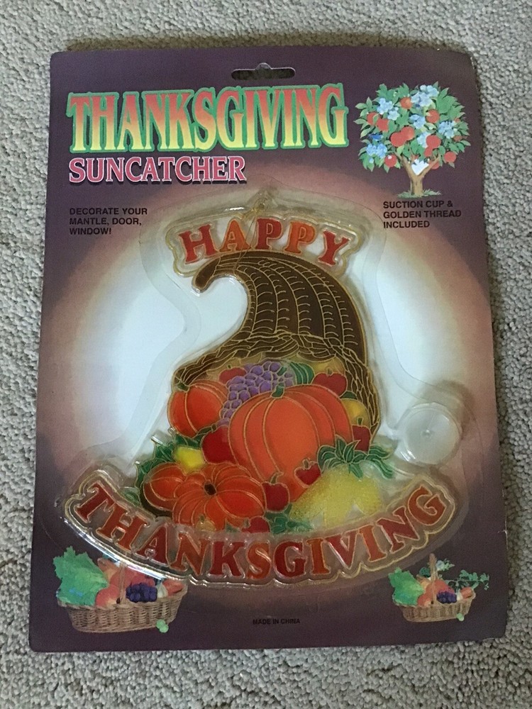 NIP Thanksgiving Plastic Suncatcher "HAPPY THANKSGIVING" Cornucopia