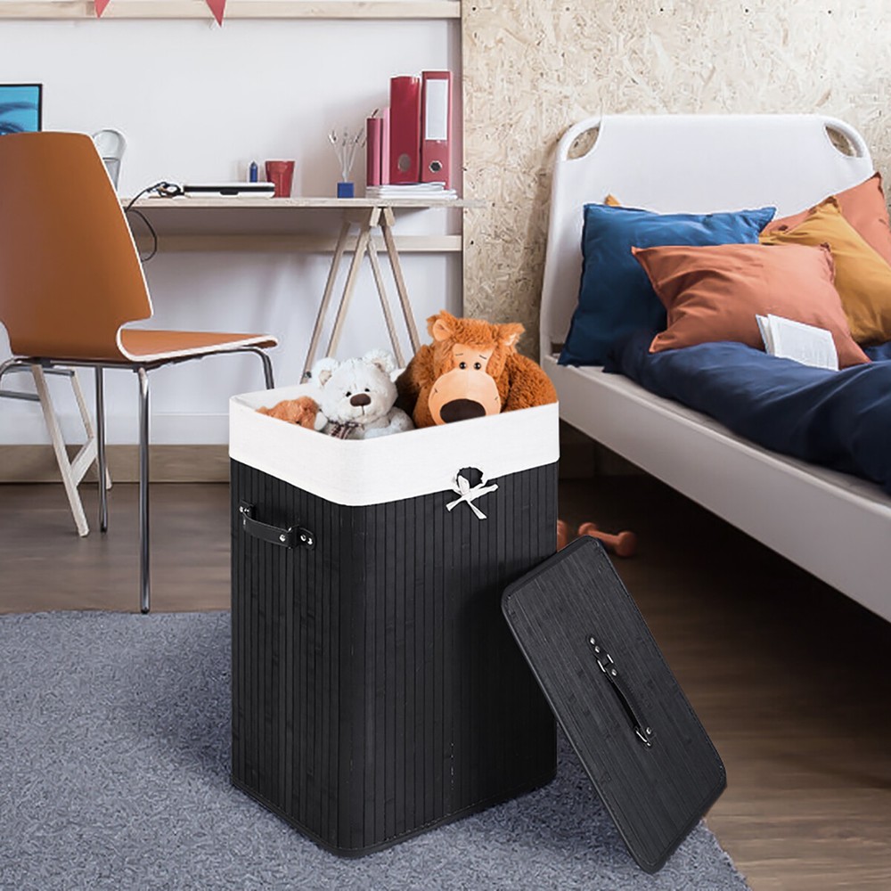 Costway Rectangle Bamboo Hamper Laundry Basket Washing Cloth Bin Lid Black